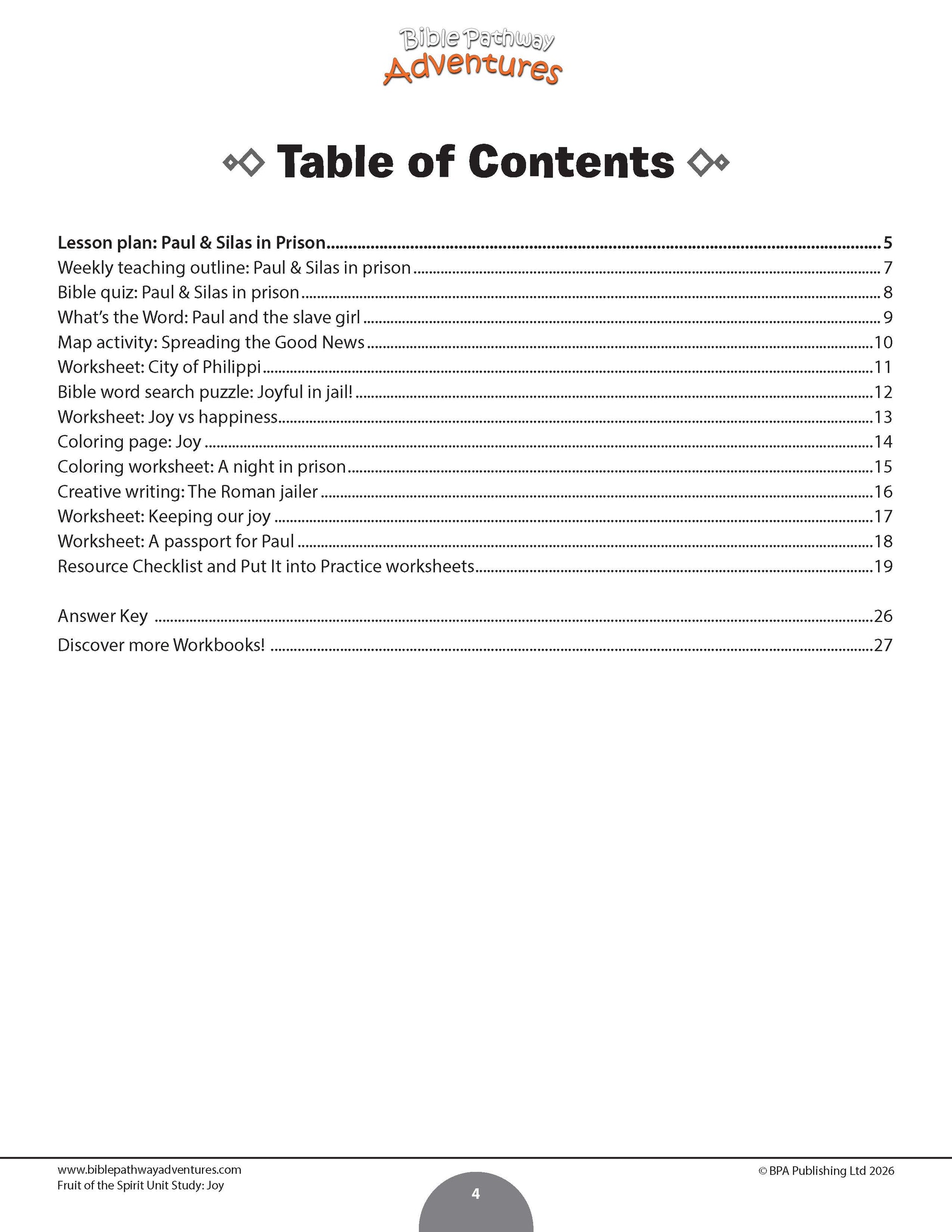 Table of contents for a lesson plan on Paul & Silas in prison from Spirit Adventures.