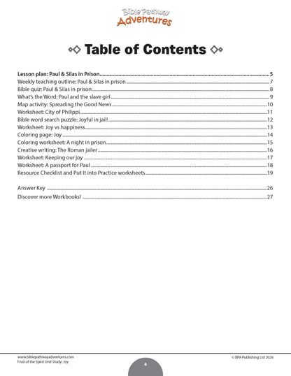 Table of contents for a lesson plan on Paul & Silas in prison from Spirit Adventures.