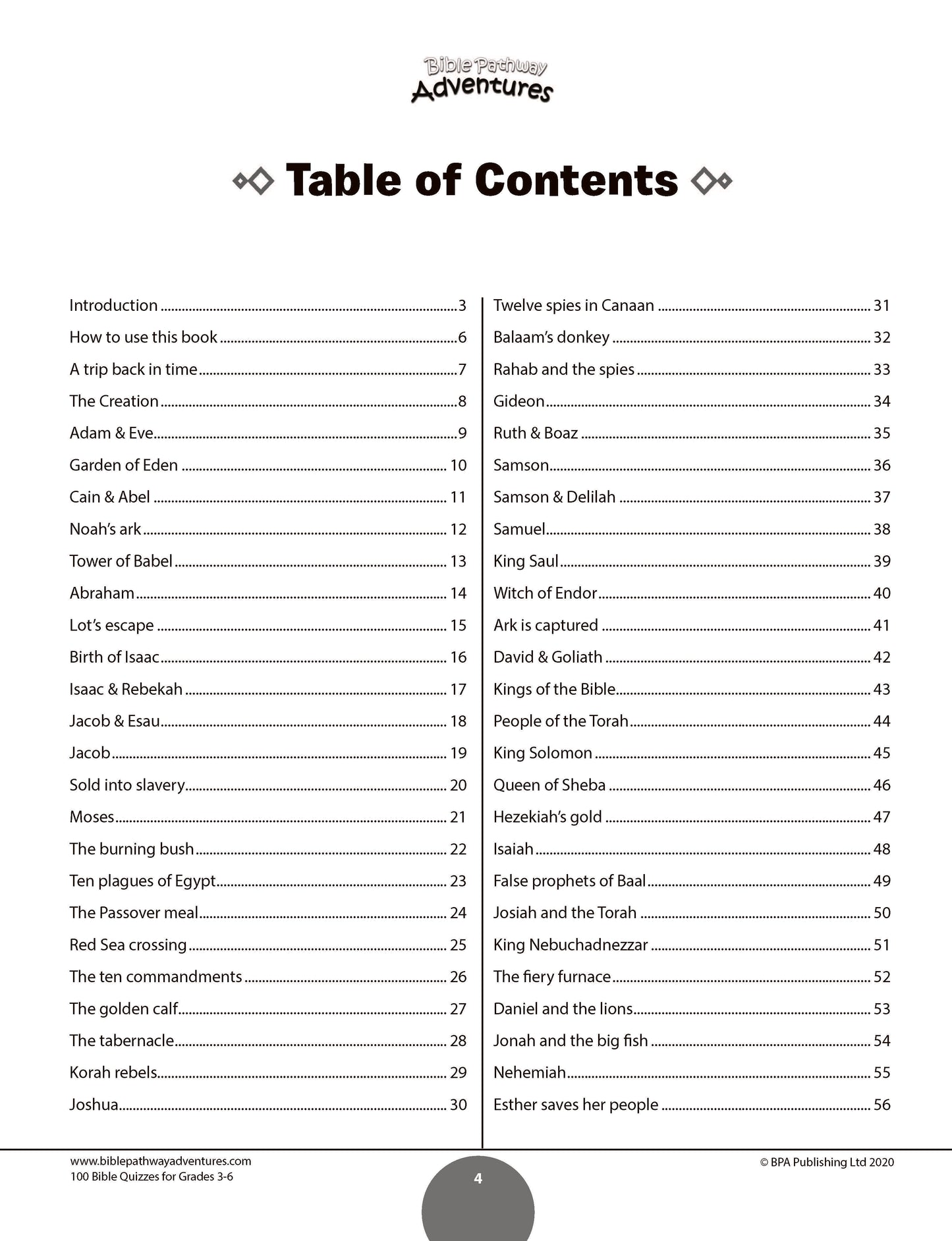 Table of contents for a book titled '100 Bible Quizzes for grades 3-6' with quiz titles listed.