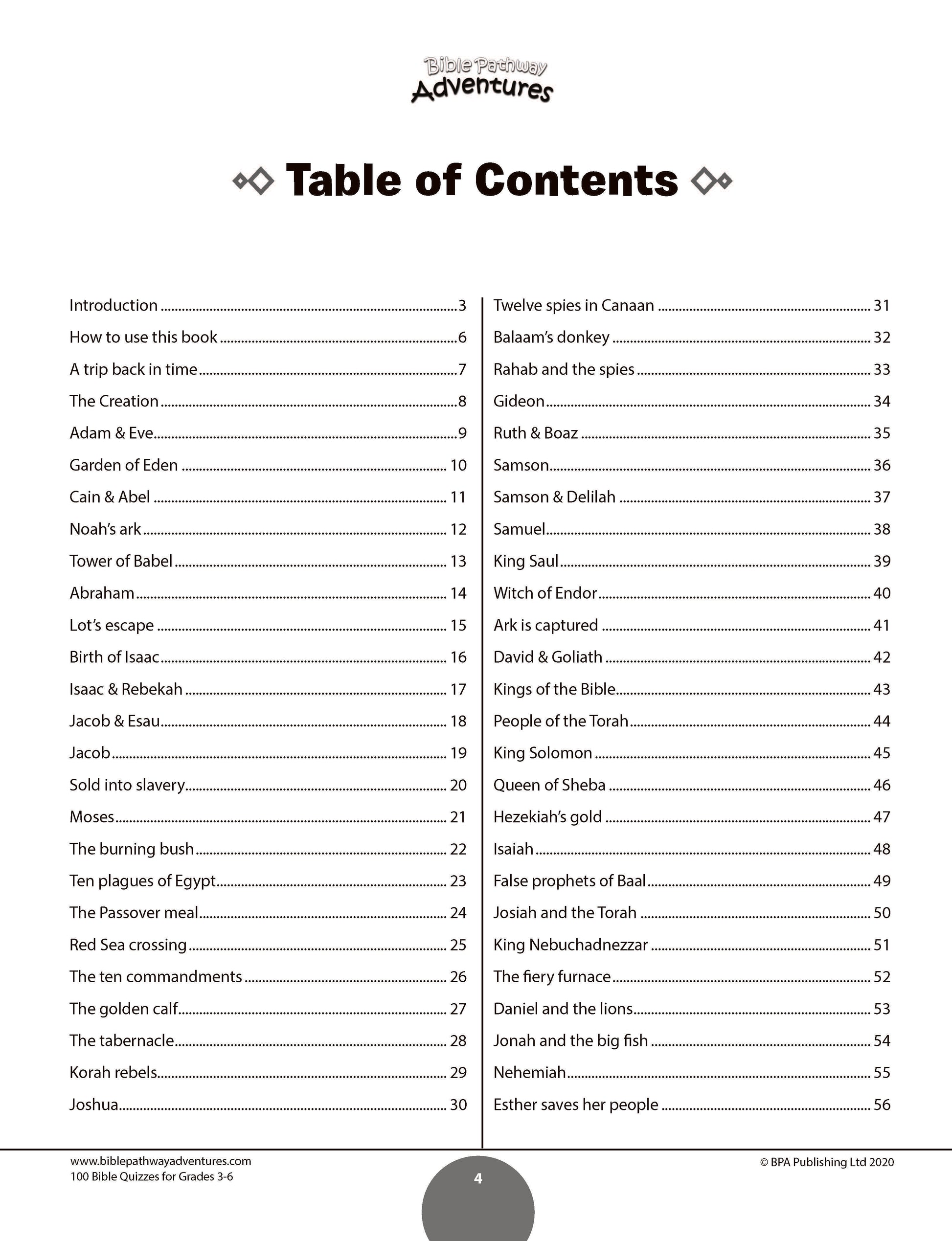 Table of contents for a book titled '100 Bible Quizzes for grades 3-6' with quiz titles listed.
