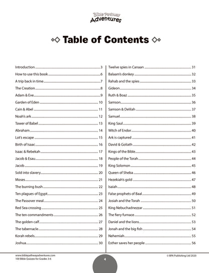 Table of contents for a book titled '100 Bible Quizzes for grades 3-6' with quiz titles listed.
