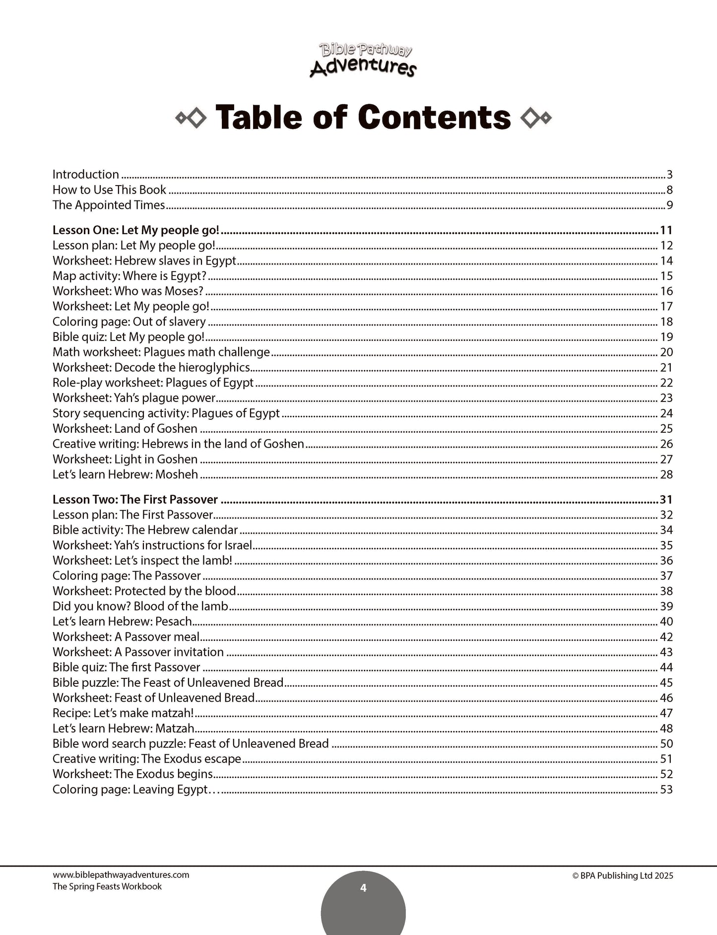 Table of contents for a book titled 'The Spring Feasts Workbook' with a white background.