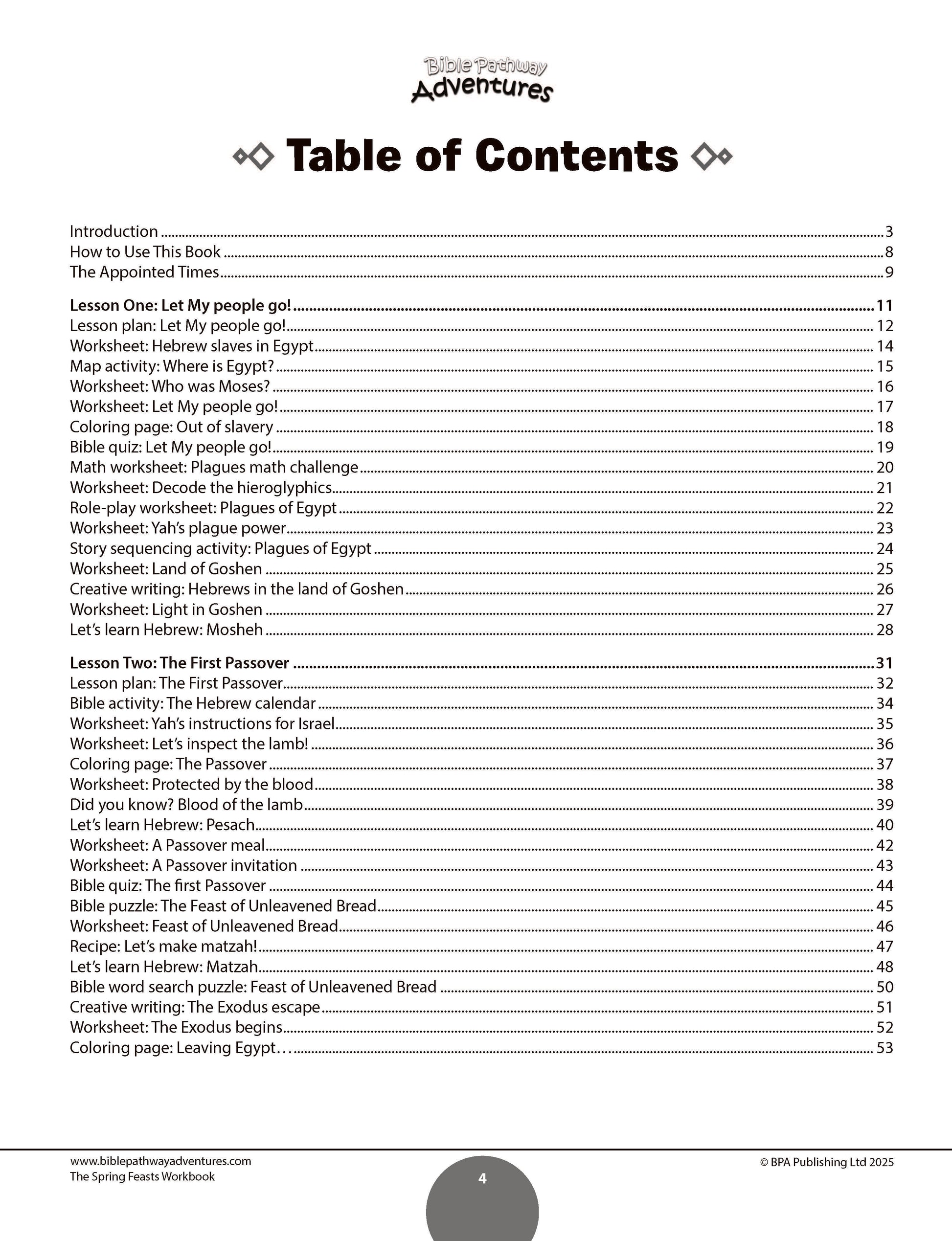 Table of contents for a book titled 'The Spring Feasts Workbook' with a white background.