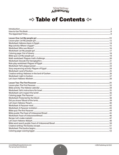 Table of contents for a book titled 'The Spring Feasts Workbook' with a white background.