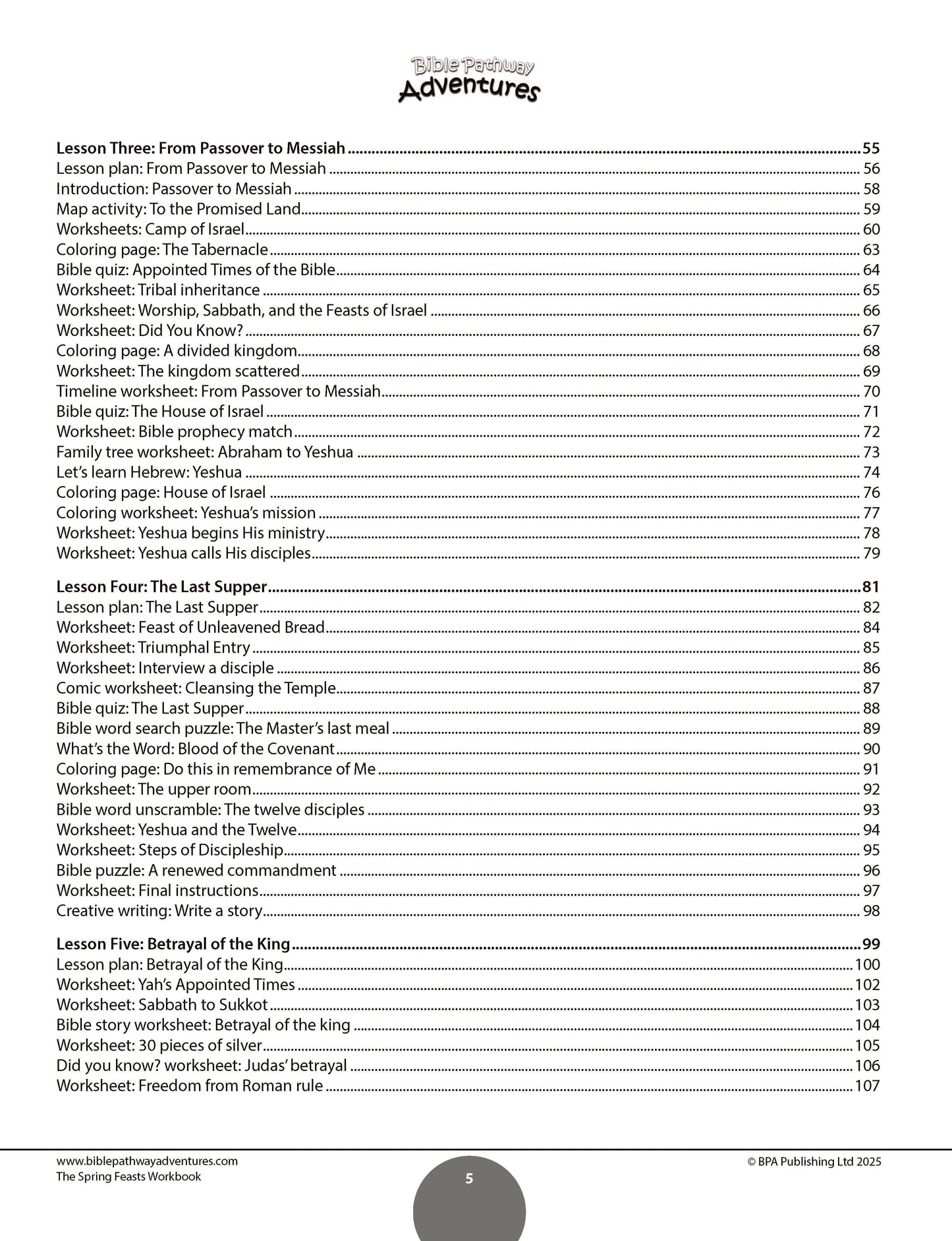 Table of contents for a book titled 'The Spring Feasts Workbook' with a white background.