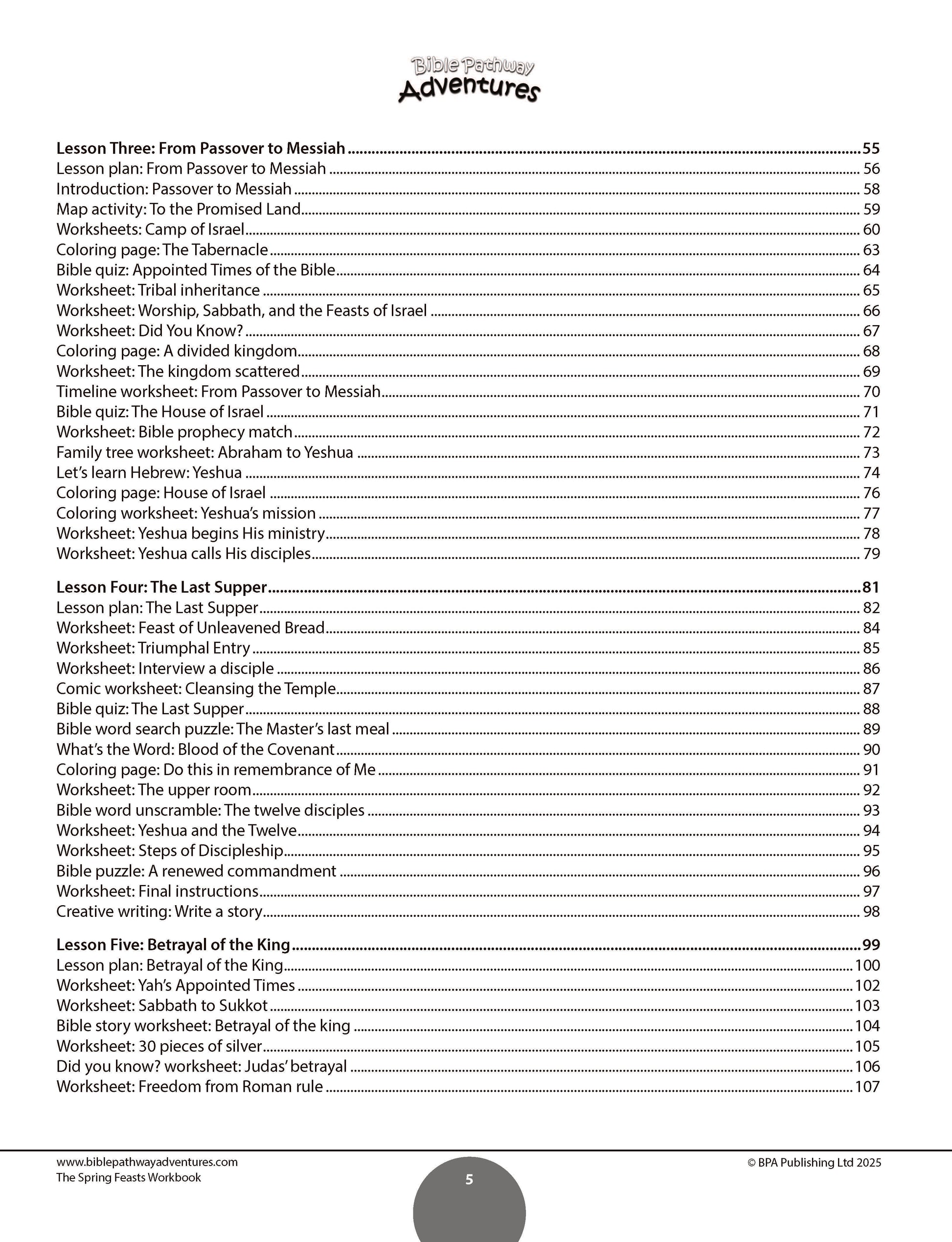 Table of contents for a book titled 'The Spring Feasts Workbook' with a white background.