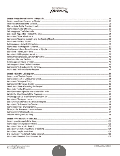 Table of contents for a book titled 'The Spring Feasts Workbook' with a white background.