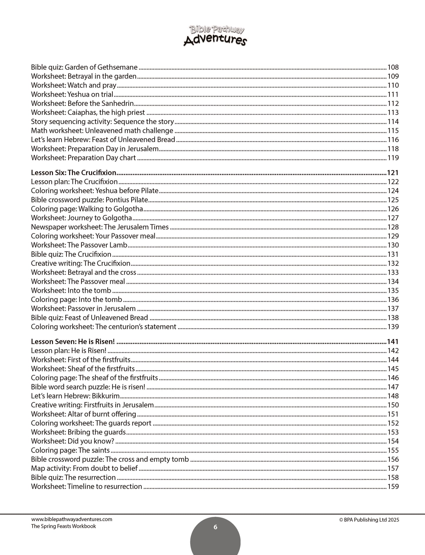 Table of contents for a book titled 'The Spring Feasts Workbook' with a white background.