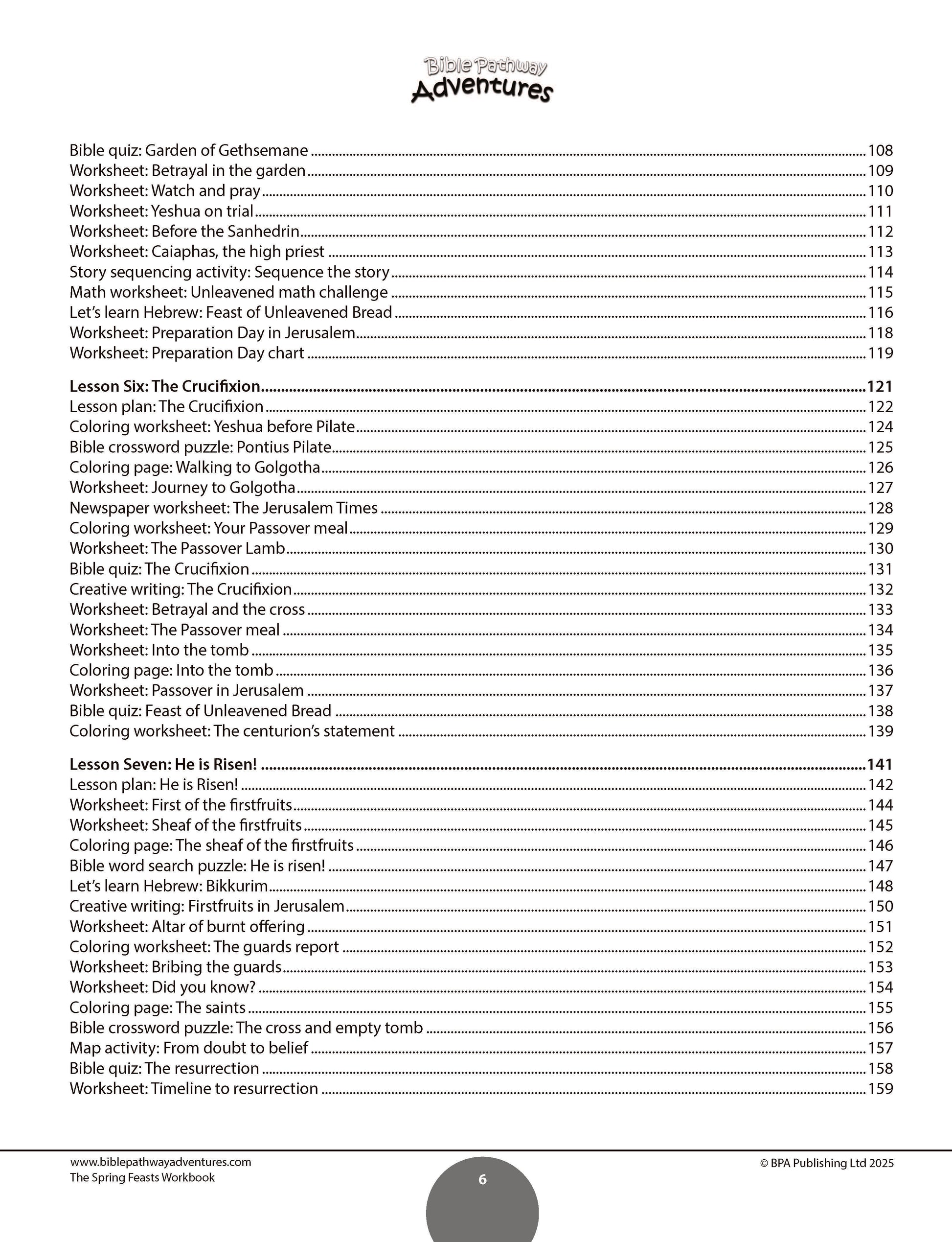 Table of contents for a book titled 'The Spring Feasts Workbook' with a white background.