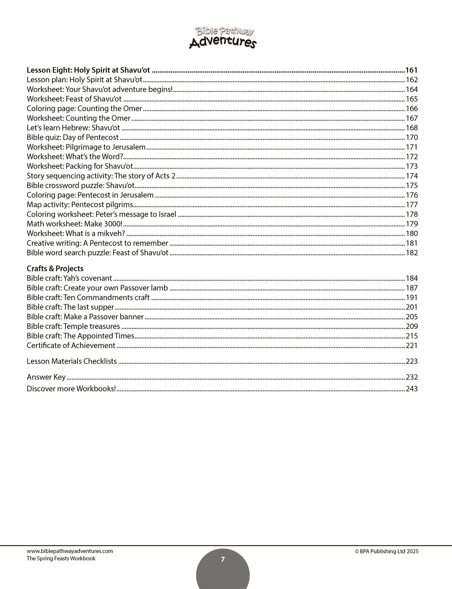 Table of contents for a religious education curriculum with lesson plans, worksheets, and activities. Table of contents for a book titled 'The Spring Feasts Workbook' with a white background.