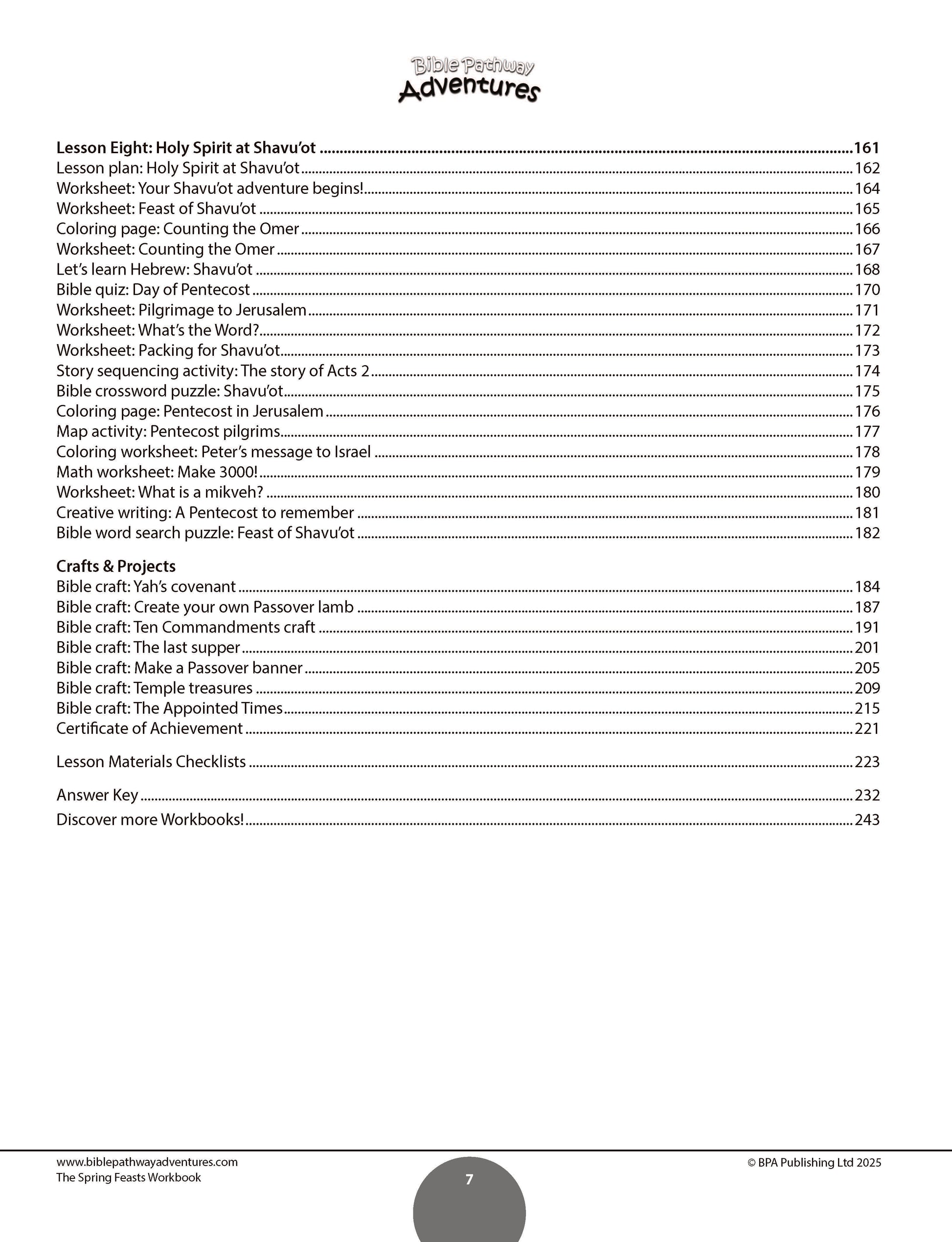 Table of contents for a religious education curriculum with lesson plans, worksheets, and activities. Table of contents for a book titled 'The Spring Feasts Workbook' with a white background.