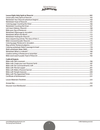 Table of contents for a religious education curriculum with lesson plans, worksheets, and activities. Table of contents for a book titled 'The Spring Feasts Workbook' with a white background.