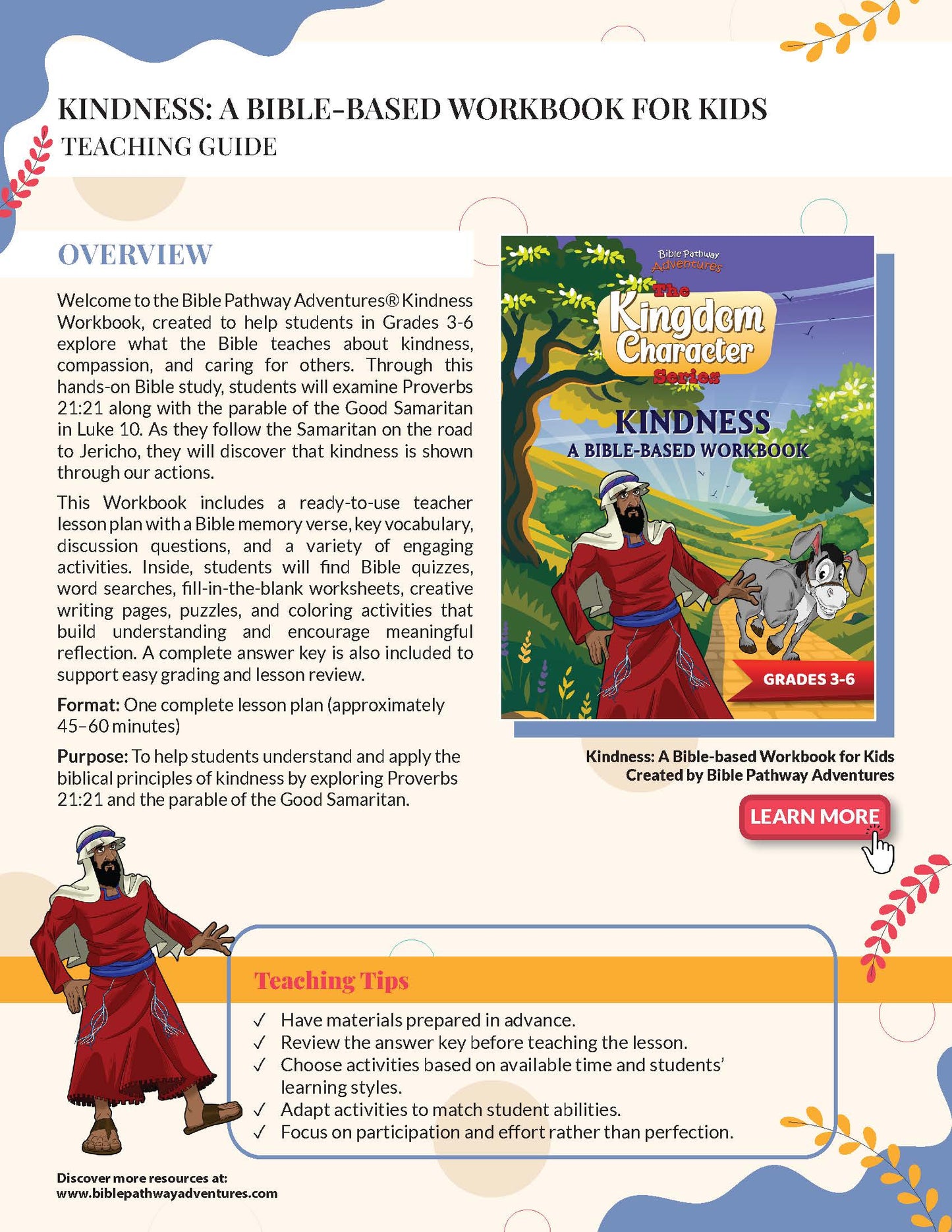 Kindness: The story of the Good Samaritan Workbook with text and graphics.