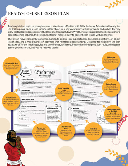 Lesson plan for Kindness: The story of the Good Samaritan Workbook - teaching biblical truth on kindness with colorful graphics and text.