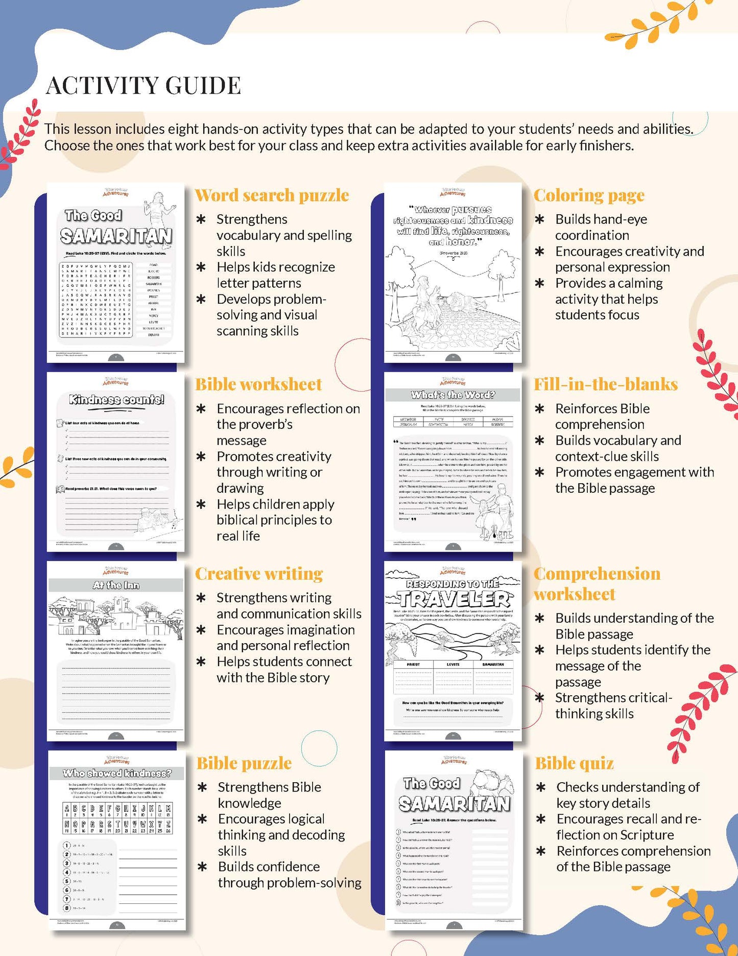 Kindness: The story of the Good Samaritan Workbook Activity guide with various educational worksheets on a white background