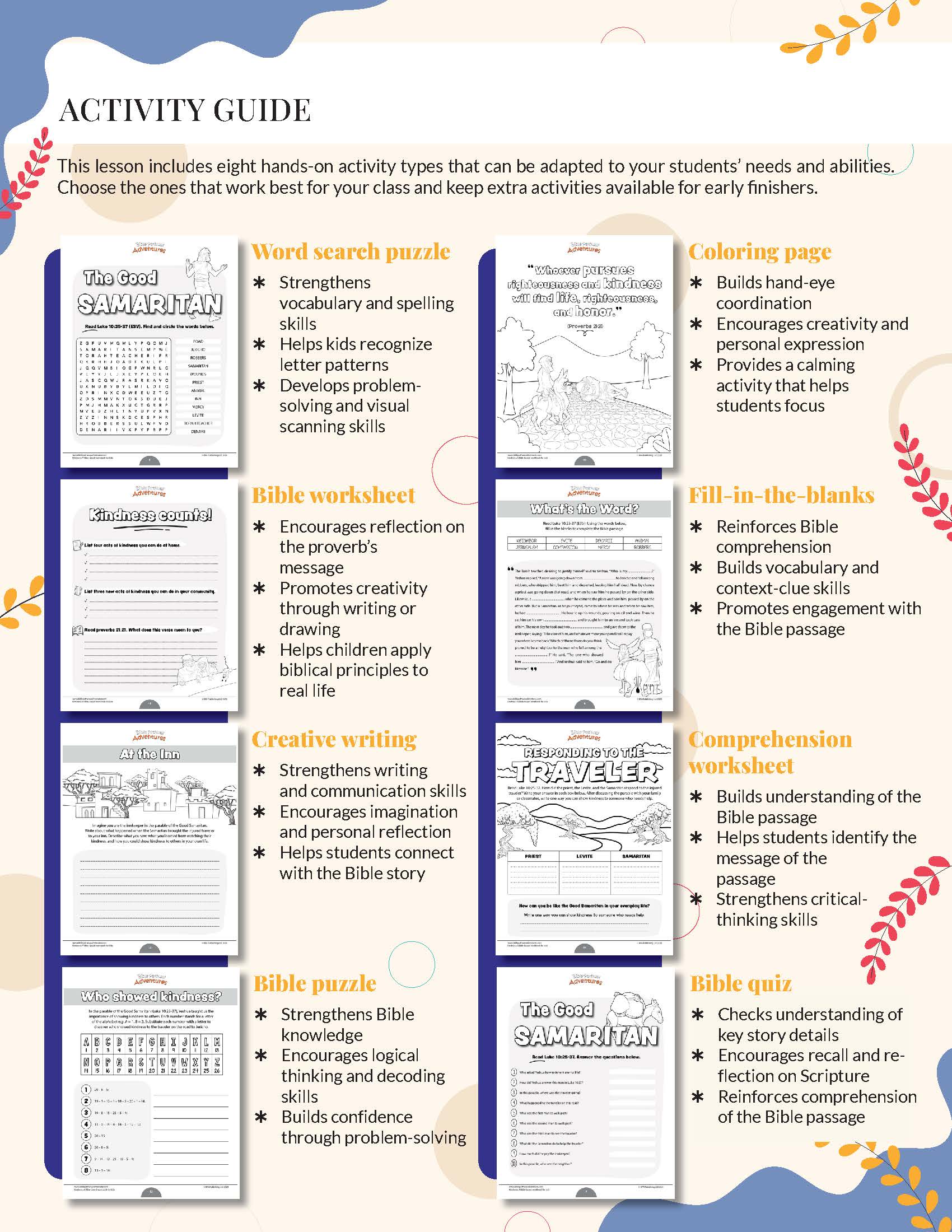 Kindness: The story of the Good Samaritan Workbook Activity guide with various educational worksheets on a white background