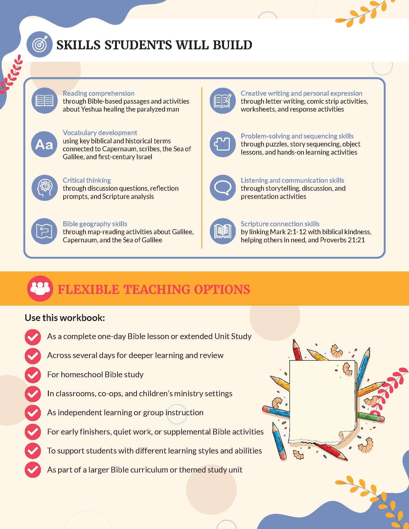 Kindness Fruit of the Spirit Educational workbook with skills students will build and flexible teaching options on a colorful background.