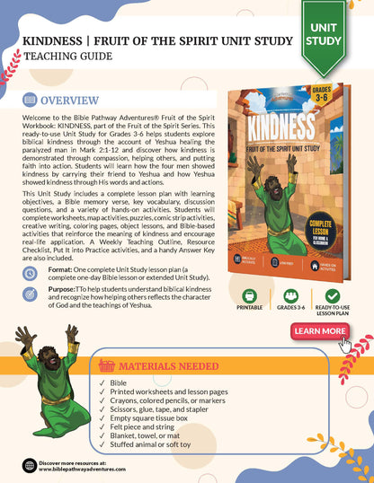 Teaching guide for 'Fruit of the Spirit Workbook: Kindness' with a cover image of a child in green clothing.