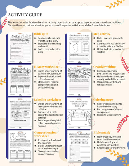 Activity guide with various educational worksheets on a white background