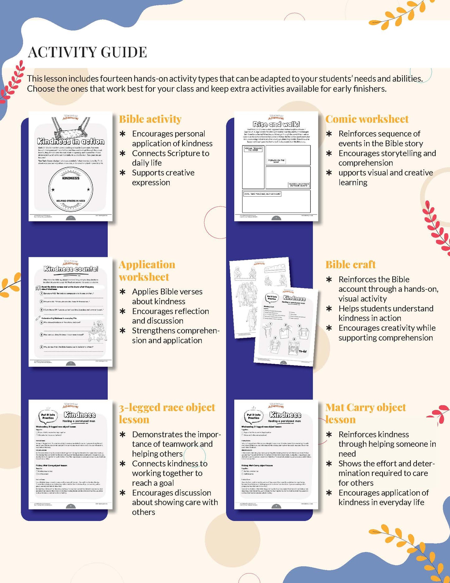 Activity guide with various educational activities for students, including Bible activity, worksheet, craft, and object lesson.