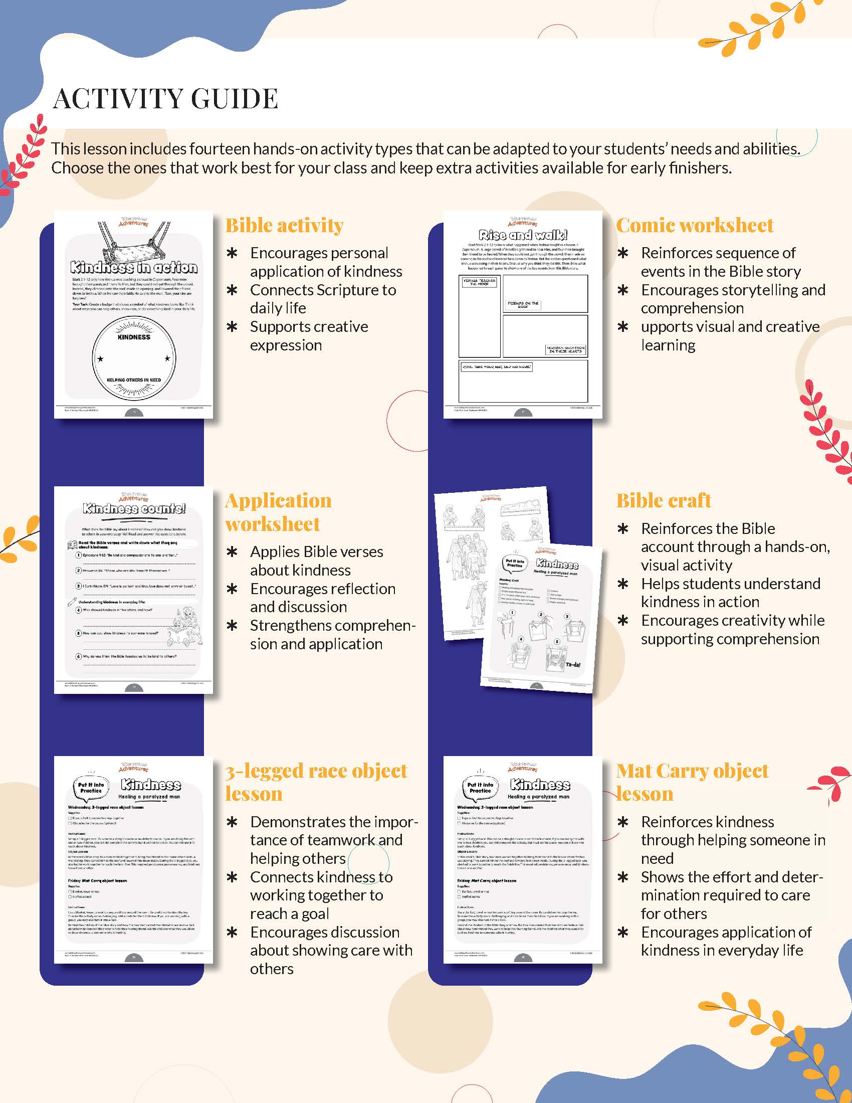 Activity guide with various educational activities for students, including Bible activity, worksheet, craft, and object lesson.