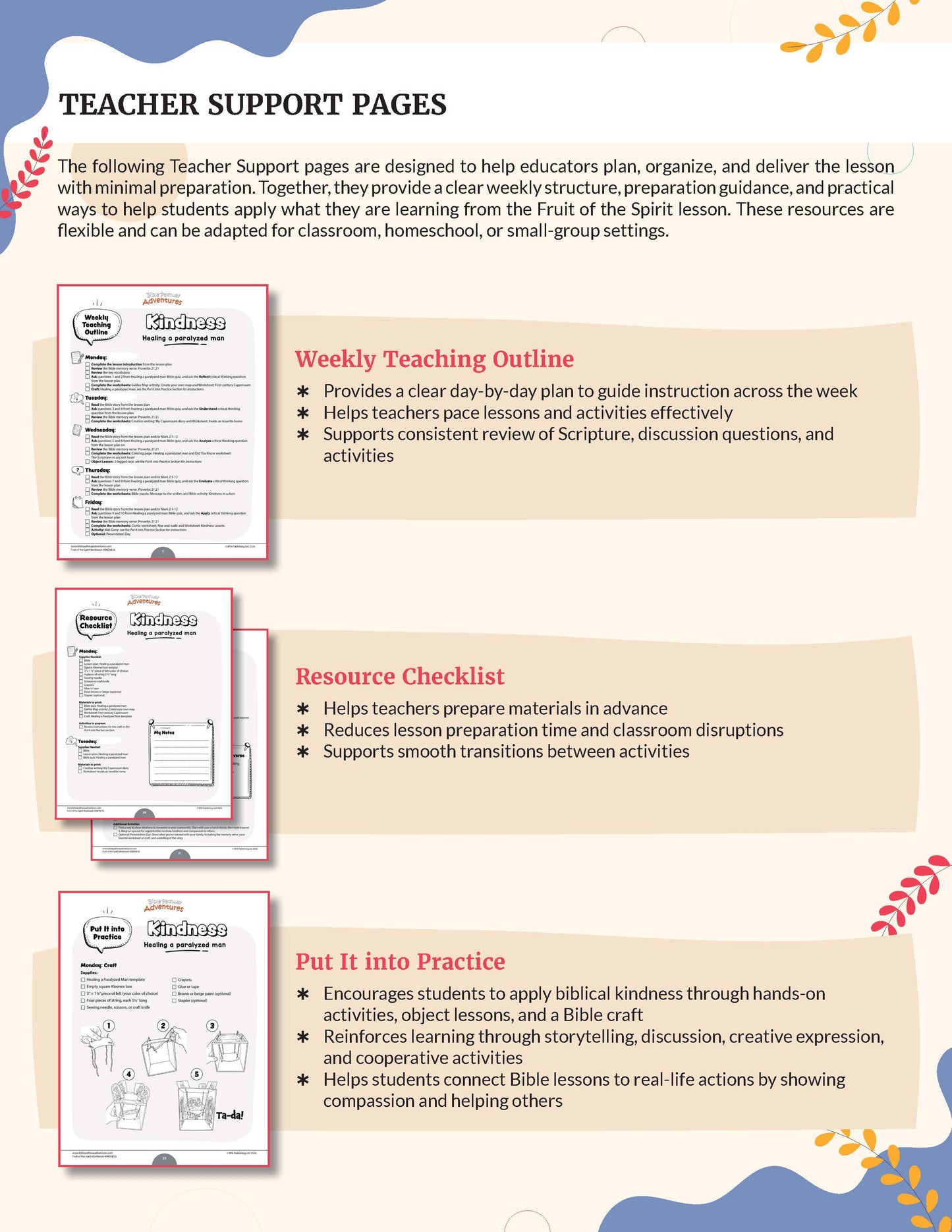 Teacher Support Pages with educational materials and outlines on a beige background