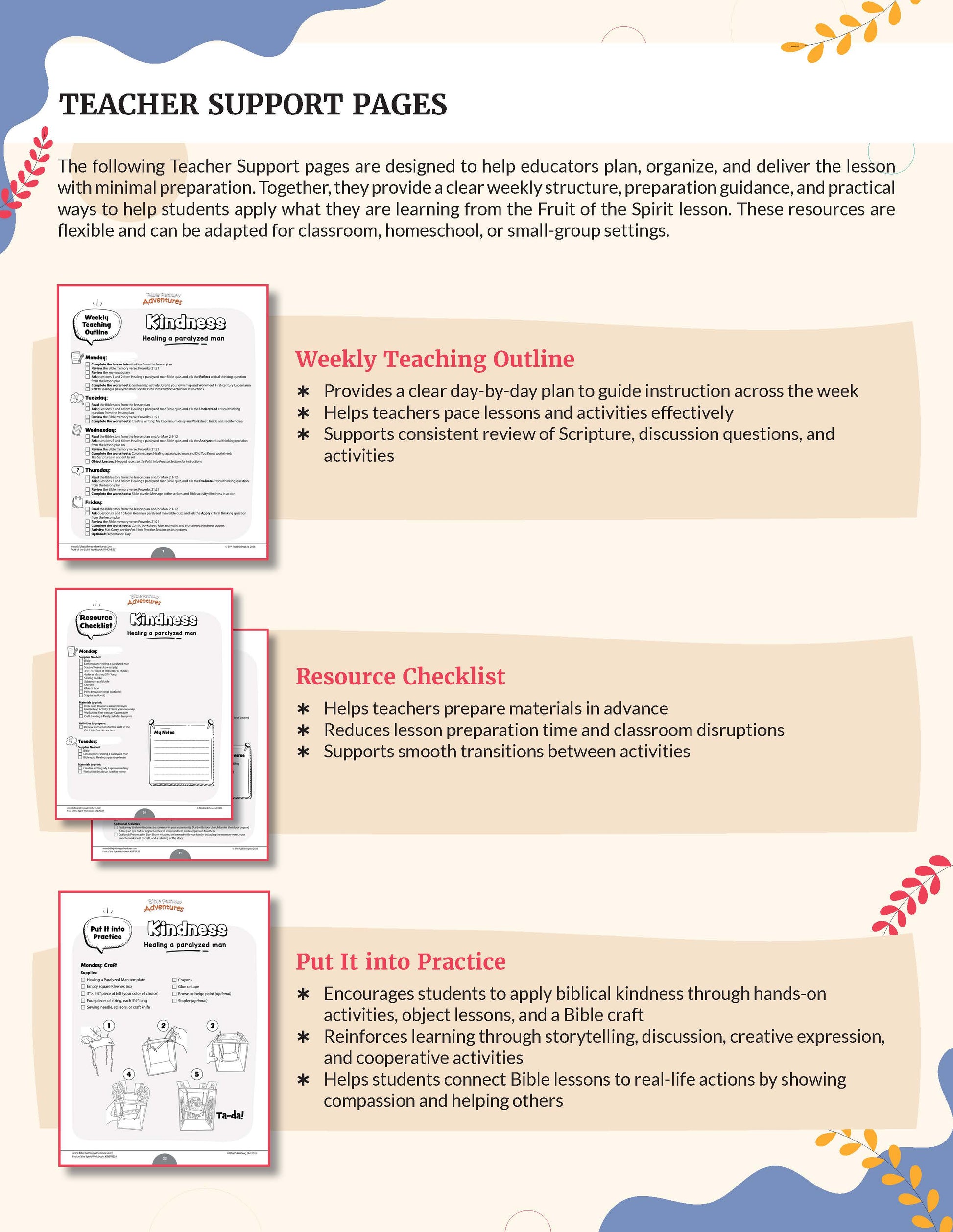 Teacher Support Pages with educational materials and outlines on a beige background