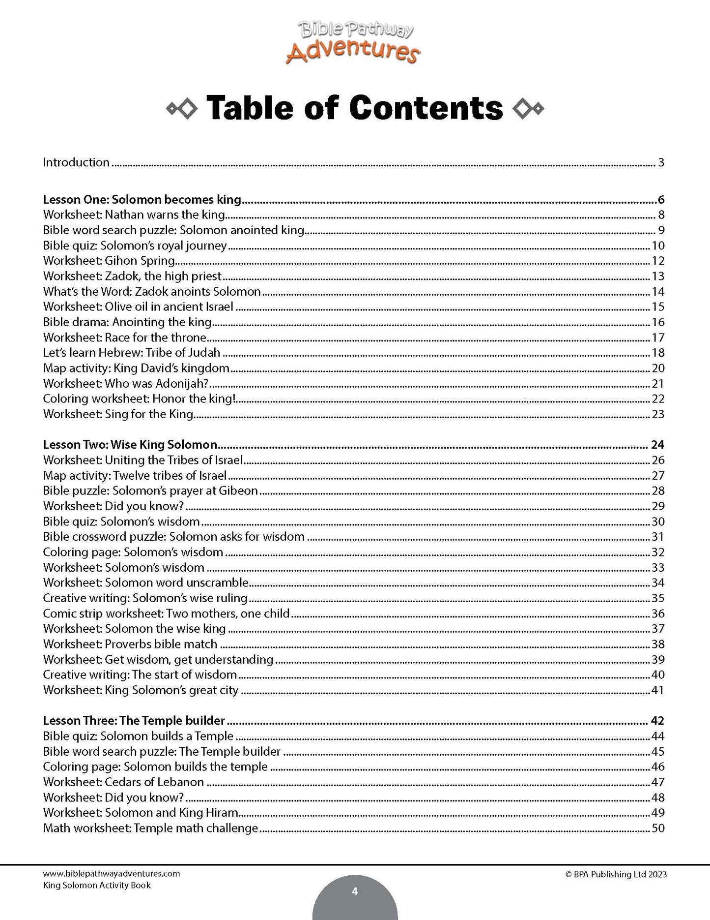 Table of contents for a religious education curriculum titled 'Solomon's Kingdom Adventures'.