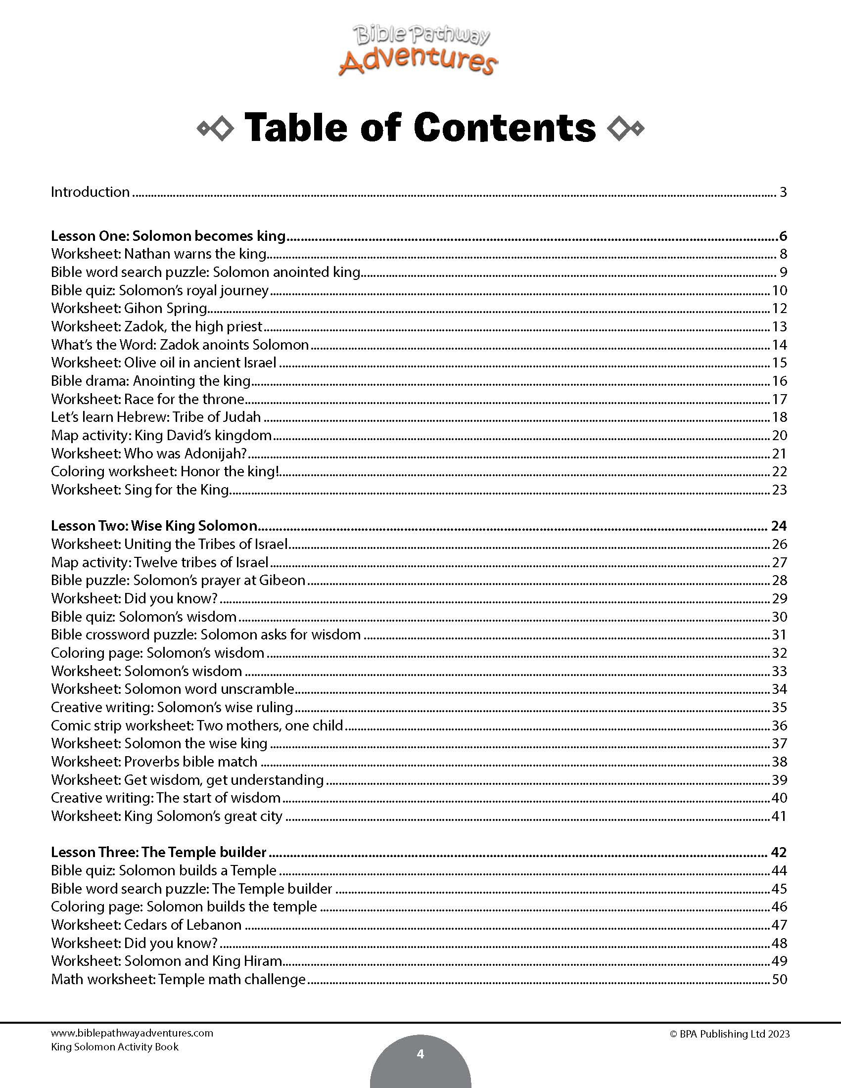 Table of contents for a religious education curriculum titled 'Solomon's Kingdom Adventures'.