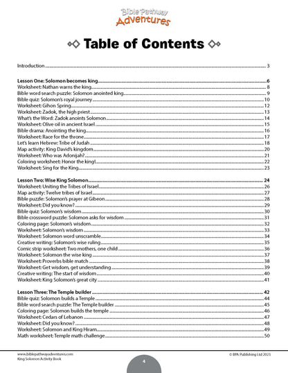 Table of contents for a religious education curriculum titled 'Solomon's Kingdom Adventures'.