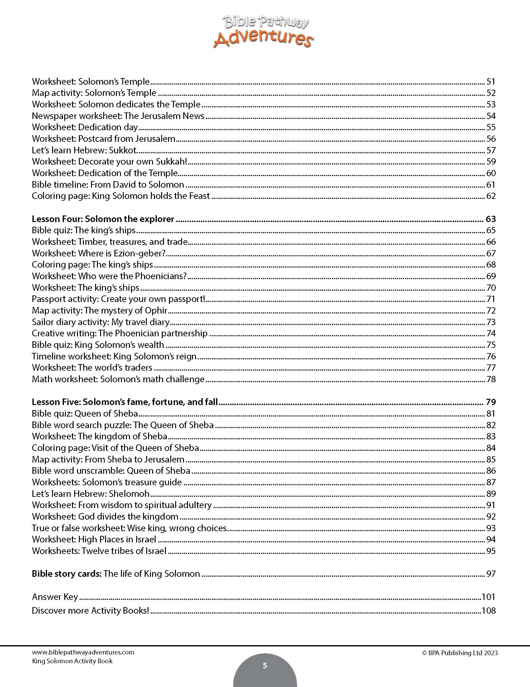 Table of contents for a educational workbook titled 'Solomon's Temple' with various activities and lessons.