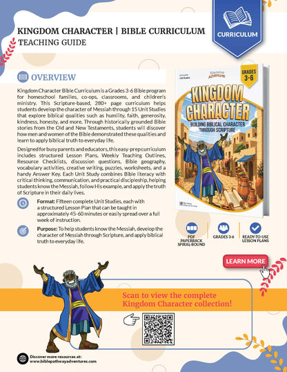 Promotional graphic for the Kingdom Character | Bible Curriculum Teaching Guide, showing a book cover, curriculum details, and a call to action on a white background with decorative blue and red accents.