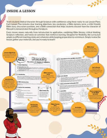 An informational product cover or flyer titled 'Bible curriculum book titled 'Kingdom Character: Building Biblical Character Through Scripture' - INSIDE A LESSON' with a large block of text at the top, two open worksheet pages shown in the center, and multiple orange callout bubbles around the pages. 