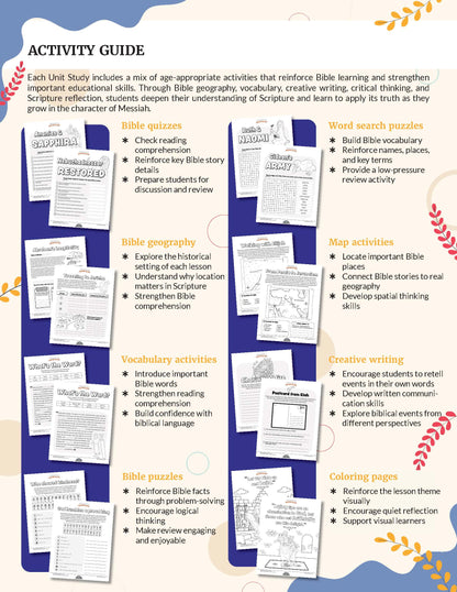 Bible curriculum book titled 'Kingdom Character: Building Biblical Character Through Scripture' -An educational activity guide poster for a Bible study unit, featuring a light beige background with blue and yellow panels, showing sample worksheet pages and lists of activities like Bible geography, vocabulary, word searches, and coloring pages.