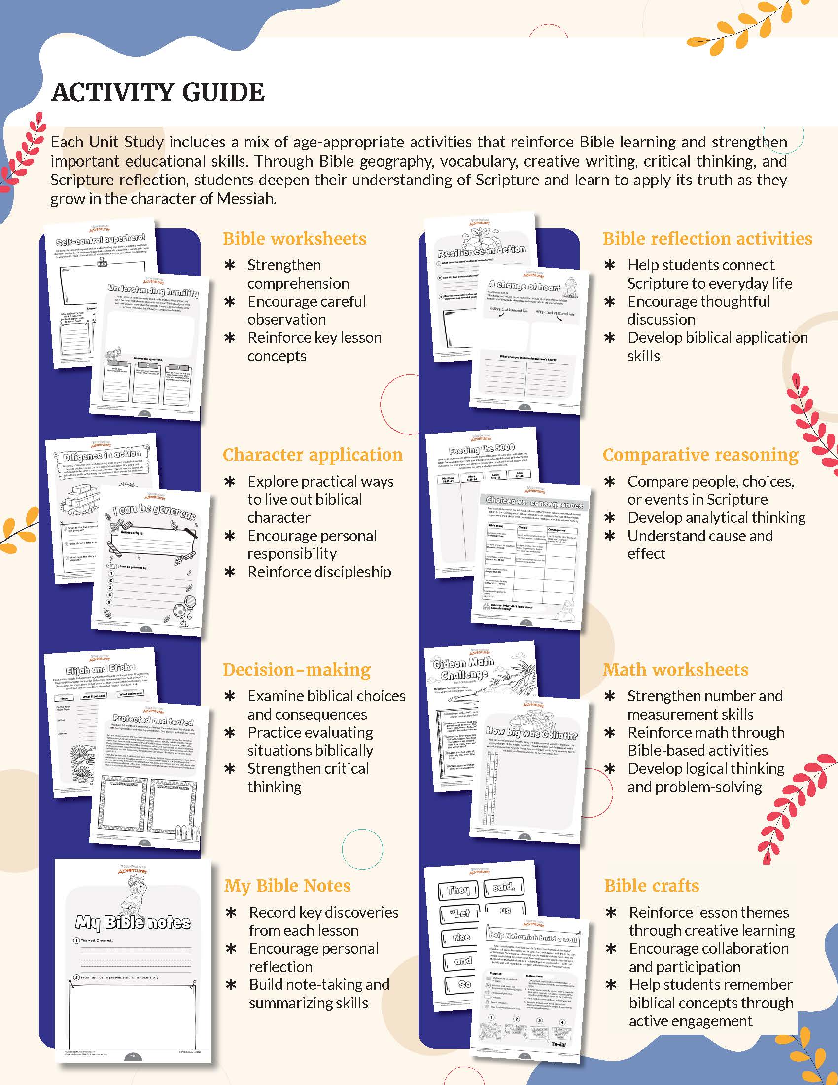 Bible curriculum book titled 'Kingdom Character: Building Biblical Character Through Scripture' - An educational activity guide poster for a Bible study unit, featuring a colorful layout with blue, yellow, and white sections, text instructions, and illustrations of various Bible worksheets and reflection cards.