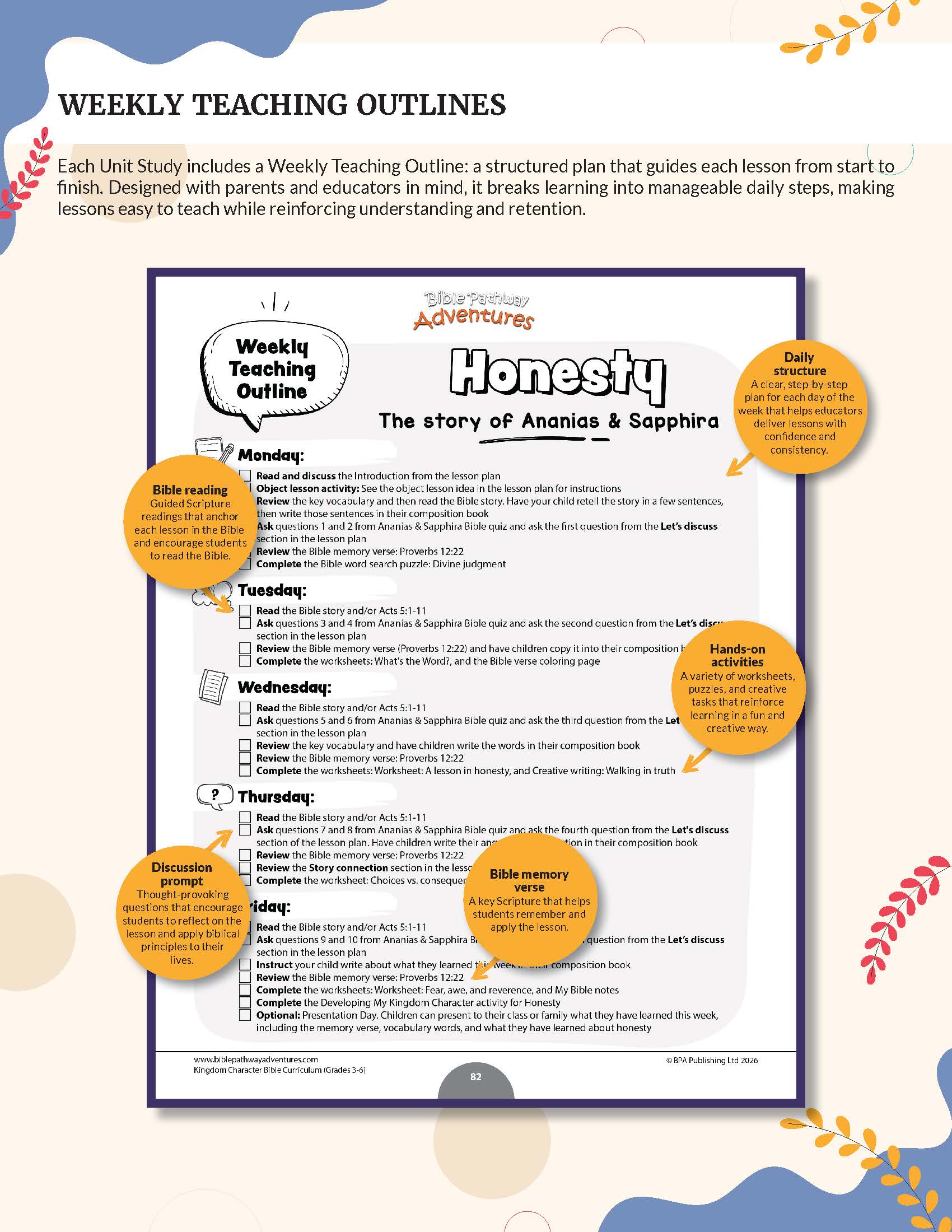 A digital preview of a 'Weekly Teaching Outlines' educational poster for the book 'Honesty: The story of Ananya & Sapphira', featuring a structured daily schedule with orange callout bubbles highlighting key learning objectives.