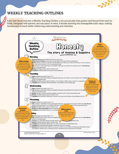 A digital preview of a 'Weekly Teaching Outlines' educational poster for the book 'Honesty: The story of Ananya & Sapphira', featuring a structured daily schedule with orange callout bubbles highlighting key learning objectives.