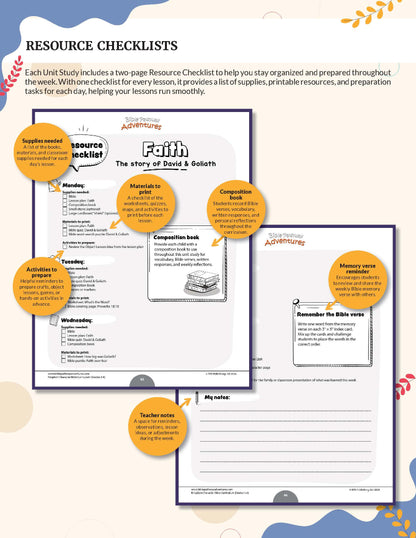 A digital preview of a religious educational resource checklist set, featuring printable lesson planner pages for 'The Story of David & Goliath' and 'Samuel' with orange circular callout bubbles highlighting included supplies and activities.