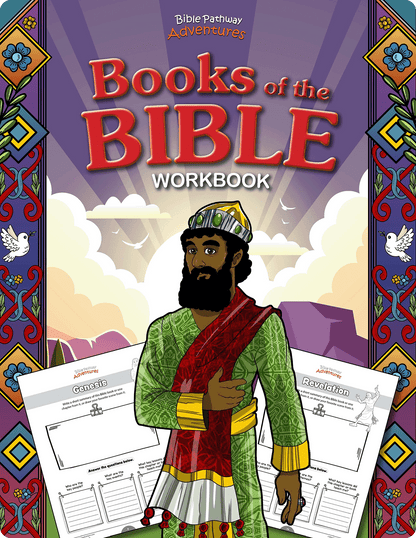 Workbook titled 'Books of the Bible' with a colorful cover featuring a character and text.