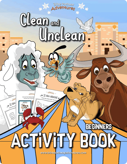Activity book cover with cartoon animals and text about 'Clean and Unclean' from Bible Pathway Adventures.