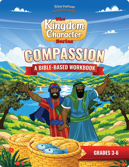 Cover of a Bible-based workbook titled 'Compassion' from the Kingdom Character Series, featuring two characters and a landscape.