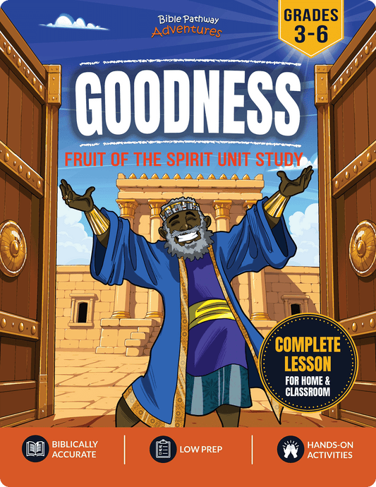 Book cover of 'Goodness' Fruit of the Spirit Unit Study for grades 3-6 with a character in a blue robe and sandals.