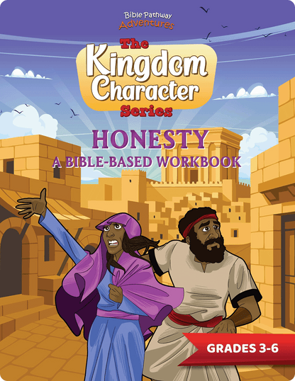 Workbook cover for 'Honesty' from The Kingdom Character Series with cartoon characters and desert background.