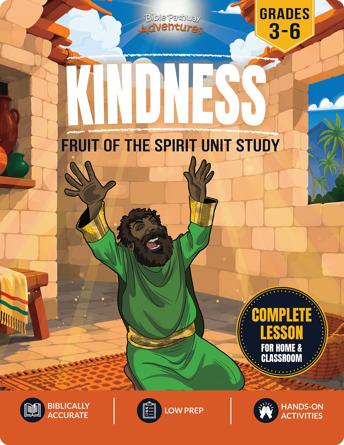 Workbook cover titled 'Kindness Workbook' from the Fruit of the Spirit series, featuring a character in a green robe.