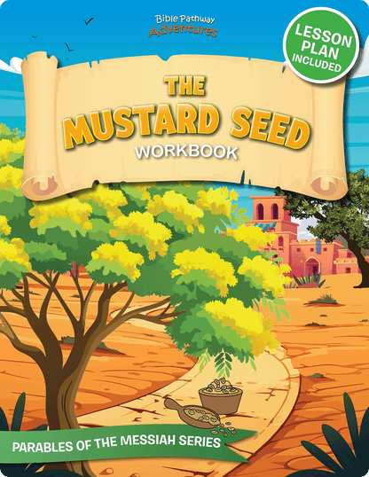 Cover of 'The Mustard Seed Workbook' with a colorful illustration of a mustard seed plant and a cityscape.