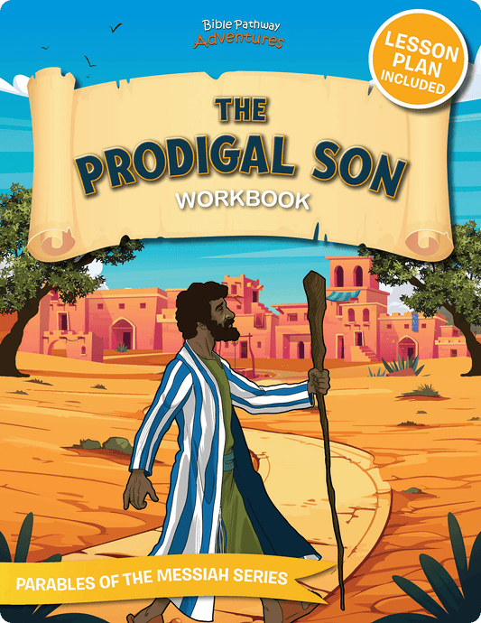 Cover of 'The Prodigal Son Workbook' with a character holding a staff and a cityscape in the background.