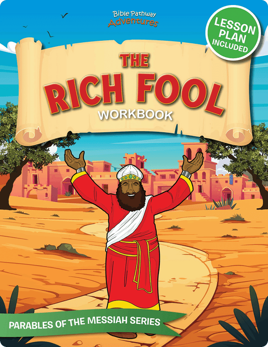 Cover of 'The Rich Fool' workbook with a character in a desert setting and blue sky.