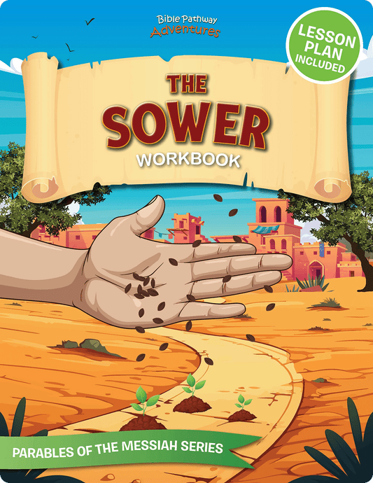 Cover of 'The Sower Workbook' with a hand planting seeds on a desert landscape, featuring the Bible Pathway Adventures series.
