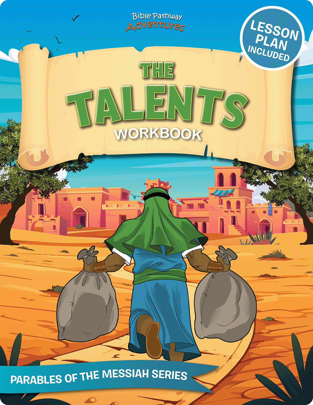 Cover of 'The Talents Workbook' with a character carrying bags on a desert path, colorful buildings in the background, and a blue sky.