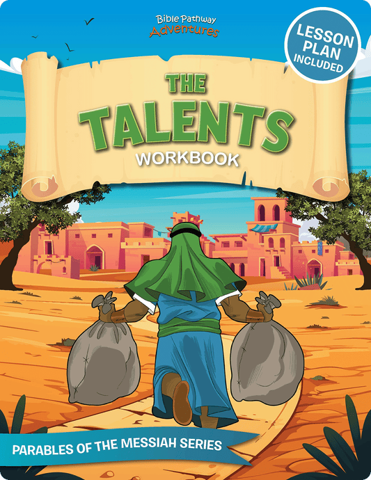 Cover of 'The Talents Workbook' with a character carrying bags on a desert path, colorful buildings in the background, and a blue sky.
